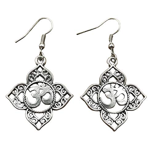 EXINOX Pendientes Tradicionales Budistas | Mujer | Pendientes de OHM om Aum Buda Loto Yoga (Plata)