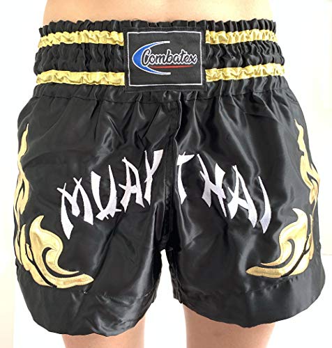 Extiff Muay Thai - Pantalones cortos de boxeo tailandés para artes marciales (negro/dorado, XL)