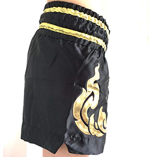 Extiff Muay Thai - Pantalones cortos de boxeo tailandés para artes marciales (negro/dorado, XL)