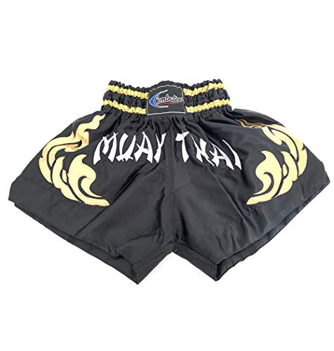 Extiff Muay Thai - Pantalones cortos de boxeo tailandés para artes marciales (negro/dorado, XL)