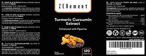 Extracto de Raíz de Cúrcuma con Pimienta Negra, 120 Cápsulas | Potente antioxidante, para la salud de las articulaciones | Máxima concentración | 100% Natural | de Zenement