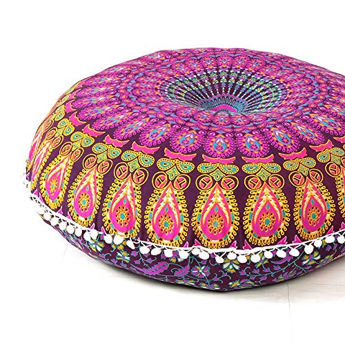 Eyes of India - 32" Mandala Suelo Meditación Cojín Asiento Almohada Manta Funda Hippie Redondo Colores Decorativos Bohemio Adorno Bohemio Elegante Cama para Perro Indio Hecho a Mano Cubierta