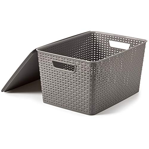 EZOWare 3 pcs Extra Grande Cestas de Almacenaje Multiuso Apilable con Tapa, Cajas Organizadoras de Plástico con Efecto de Mimbre y Asas para Cocina, Baño - Gris