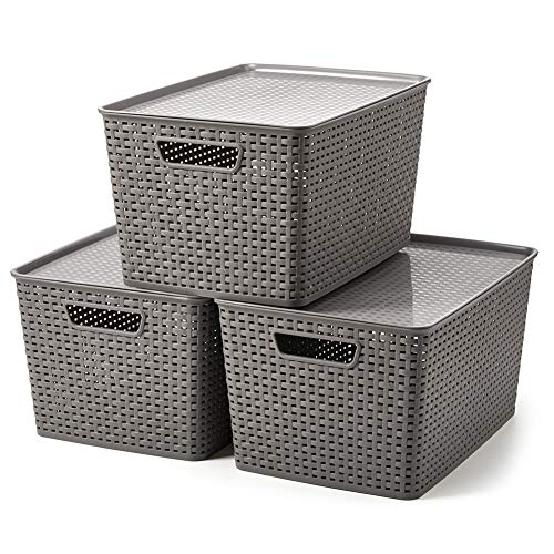 EZOWare 3 pcs Extra Grande Cestas de Almacenaje Multiuso Apilable con Tapa, Cajas Organizadoras de Plástico con Efecto de Mimbre y Asas para Cocina, Baño - Gris