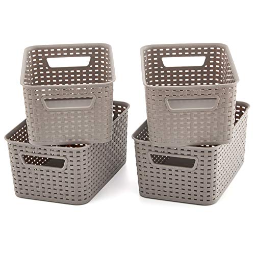 EZOWare 4 pcs Cestas de Almacenaje Multiuso, Cajas Organizadoras de Plástico con Efecto de Mimbre y Asas para Cocina, Baño - Gris