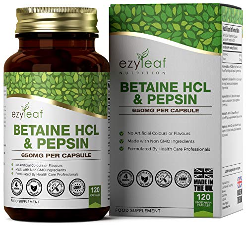 Ezyleaf Betaina HCL con Pepsina 650mg | 120 Cápsulas Veganas de Alta Potencia | Para Apoyar la Salud del Cuerpo | Sin Gluten, OGM, Alergenos o Lacteos