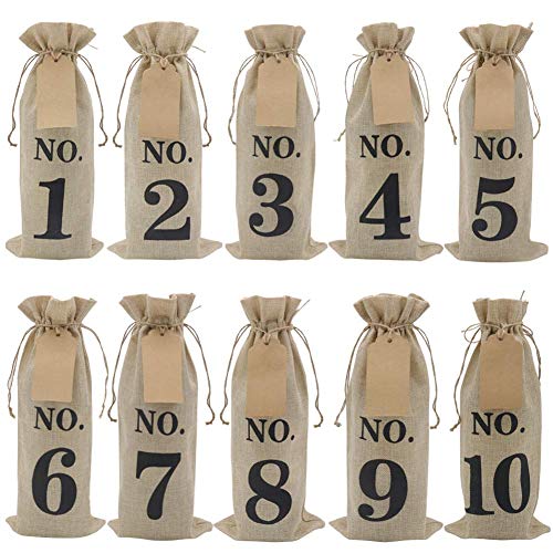 Facibom 10 bolsas de vino de arpillera con etiquetas para cata de vinos ciegos, numeradas de tela de arpillera, bolsas de regalo para Navidad, bodas, fiestas, decoración