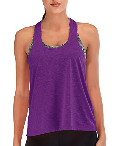 FAFAIR - Camiseta de entrenamiento para mujer con sujetador integrado, espalda cruzada floja, chaleco deportivo para gimnasio, running camisa turquesa y púrpura L