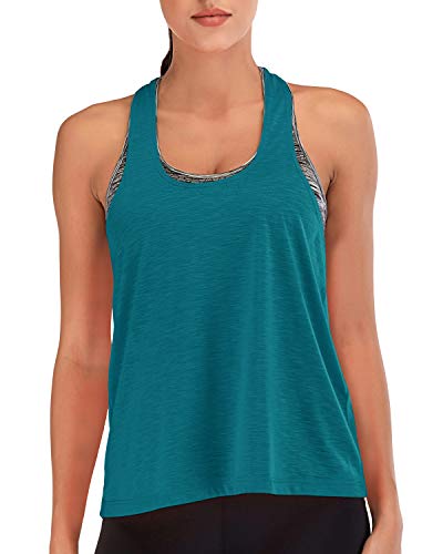 FAFAIR - Camiseta de entrenamiento para mujer con sujetador integrado, espalda cruzada floja, chaleco deportivo para gimnasio, running camisa turquesa y púrpura L
