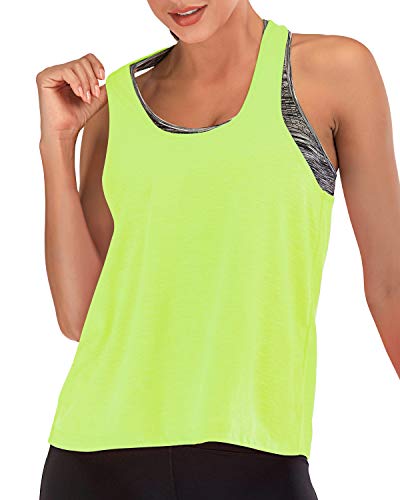 FAFAIR Top Deportivo con Sujetador Integrado Camisetas sin Mangas de Yoga para Mujer 2 en 1 Camiseta Deportiva Ropa Deportiva Fluorescent Green&Gray XXL