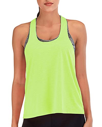 FAFAIR Top Deportivo con Sujetador Integrado Camisetas sin Mangas de Yoga para Mujer 2 en 1 Camiseta Deportiva Ropa Deportiva Fluorescent Green&Gray XXL