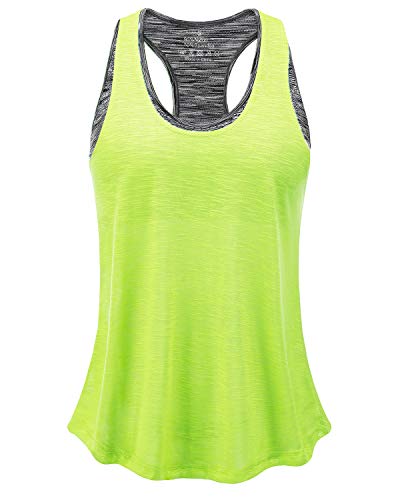 FAFAIR Top Deportivo con Sujetador Integrado Camisetas sin Mangas de Yoga para Mujer 2 en 1 Camiseta Deportiva Ropa Deportiva Fluorescent Green&Gray XXL