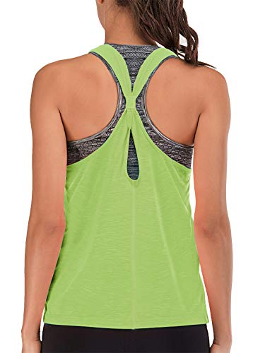 FAFAIR Top Deportivo con Sujetador Integrado Camisetas sin Mangas de Yoga para Mujer 2 en 1 Camiseta Deportiva Ropa Deportiva Fluorescent Green&Gray XXL