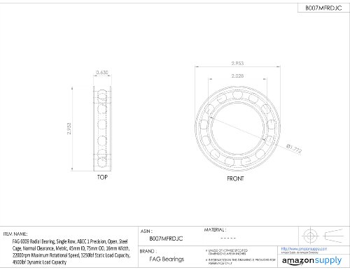 FAG 6009 Radial rodamientos, sola fila, ABEC 1 Precision, Open, jaula de acero, normal Limpieza, métricas, 45 mm ID, 75 mm OD, 16 mm de ancho, 22000RPM máxima velocidad de rotación, 3250lbf estática capacidad de carga, capacidad de carga dinámica 4500lbf