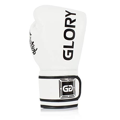 Fairtex Guantes de boxeo X Glory – Blanco – Guantes de boxeo para kickboxing, sparring, Muay Thai – Hecho a mano en Tailandia – Guantes de boxeo oficiales Glory Kickboxing (12 oz)