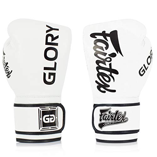 Fairtex Guantes de boxeo X Glory – Blanco – Guantes de boxeo para kickboxing, sparring, Muay Thai – Hecho a mano en Tailandia – Guantes de boxeo oficiales Glory Kickboxing (12 oz)