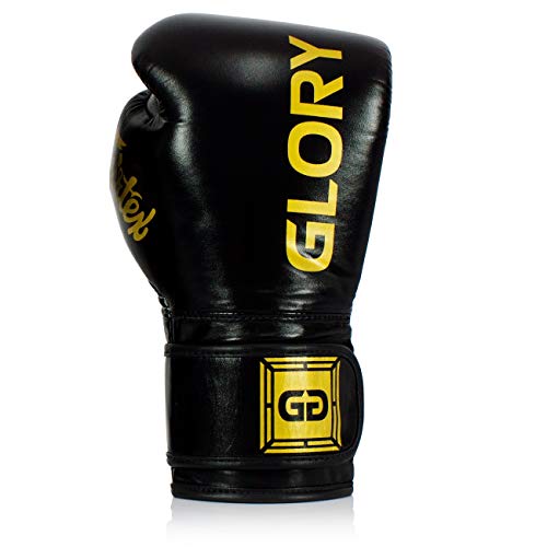 Fairtex Guantes de boxeo X Glory – Negro – Guantes de boxeo para kickboxing, sparring, Muay Thai – Hecho a mano en Tailandia – Guantes de boxeo oficiales Glory Kickboxing (14 oz)