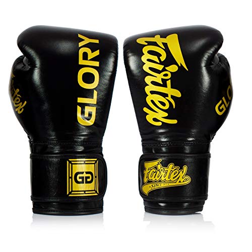 Fairtex Guantes de boxeo X Glory – Negro – Guantes de boxeo para kickboxing, sparring, Muay Thai – Hecho a mano en Tailandia – Guantes de boxeo oficiales Glory Kickboxing (14 oz)