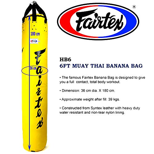 Fairtex UNFILLED HB6-1,8 m Muay Thai Banana Bag amarillo pesado saco de boxeo para Kick Boxing MMA K1 (amarillo)