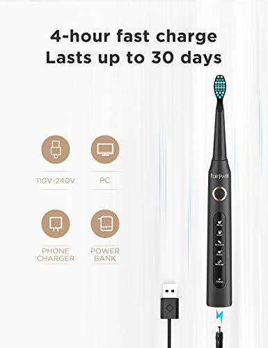 Fairywill 2 Cepillo de Dientes Electrico Sónico, con 4 Horas de Carga para Durar 30 Días de uso, Cepillo Dientes Eléctrico con 10 Cabezales Dupont de 5 Modos & 2 Estuches para Viajes y Unidad FW-507