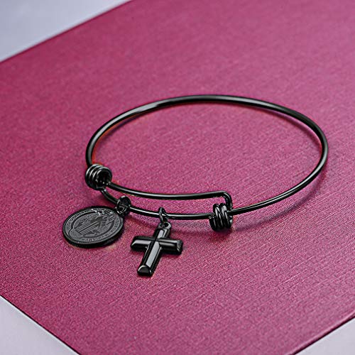 FaithHeart Cruz Medallón Sagrado San Benito Joyería Católica Acero Inoxidable para Hombre Mujer Muñequera Abrible Regalo Cumpleaños FaithHeart Cruz Medallón Sagrado San Benito Joyería Católica Acero Inoxidable para Hombre Mujer Muñequera Abrible Regalo Cumpleaños