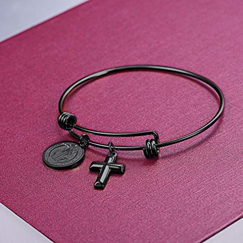 FaithHeart Cruz Medallón Sagrado San Benito Joyería Católica Acero Inoxidable para Hombre Mujer Muñequera Abrible Regalo Cumpleaños