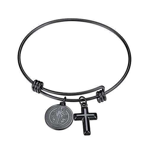 FaithHeart Cruz Medallón Sagrado San Benito Joyería Católica Acero Inoxidable para Hombre Mujer Muñequera Abrible Regalo Cumpleaños FaithHeart Cruz Medallón Sagrado San Benito Joyería Católica Acero Inoxidable para Hombre Mujer Muñequera Abrible Regalo Cumpleaños