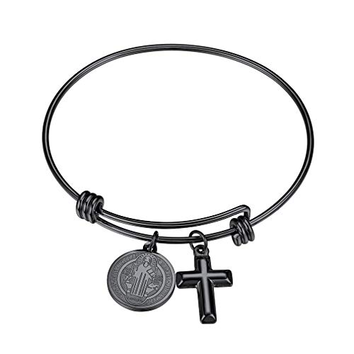 FaithHeart Cruz Medallón Sagrado San Benito Joyería Católica Acero Inoxidable para Hombre Mujer Muñequera Abrible Regalo Cumpleaños