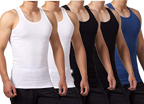FALARY Camiseta de Tirantes para Hombre Pack de 5 de Algodón 100% más Colores Negro Blanco Azul Marino L