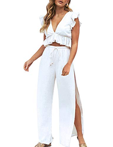 FANCYINN 2 Piezas Mujer Conjunto Fiesta Playa Verano Pantalon y Top Mono Blanco FANCYINN 2 Piezas Mujer Conjunto Fiesta Playa Verano Pantalon y Top Mono Blanco