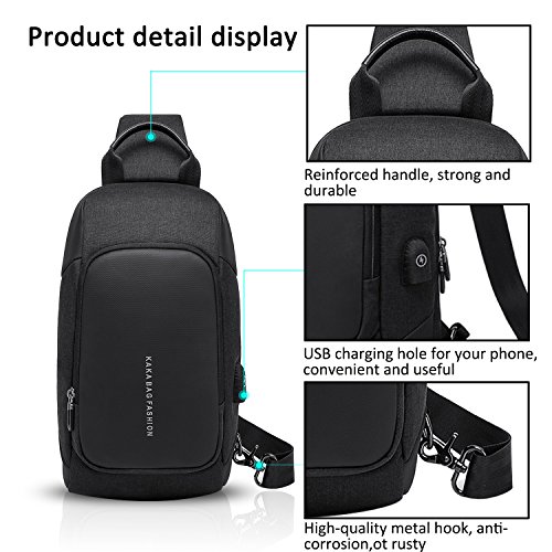 FANDARE Nuevo Bolsa de Pecho Bolsos Cruzados con Puerto de Carga USB Hombre Bandoleras Cruzada Sling Crossbody Bag para Escuela Viaje Deportes Gimnasio Senderismo Ciclismo Negro