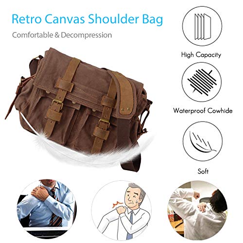 FANDARE Nuevo Bolso de Bandolera Lona Bolsa Mensajero Bolso de Hombro Bolsos Cruzados para 14 Pulgadas Laptop Maletín Hombre Mujer Crossbody Bag para Conmutar Trabajo Viaje Escuela Profesor Marrón