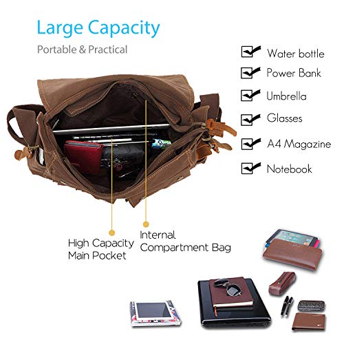 FANDARE Nuevo Bolso de Bandolera Lona Bolsa Mensajero Bolso de Hombro Bolsos Cruzados para 14 Pulgadas Laptop Maletín Hombre Mujer Crossbody Bag para Conmutar Trabajo Viaje Escuela Profesor Marrón