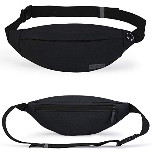 Fanny Pack - Riñonera Unisex con Conector para Auriculares y 3 Bolsillos con Cremallera, cinturón Ajustable, Bolsa para Entrenamiento al Aire Libre, Viajes, Casual, Correr, Senderismo (Negro)