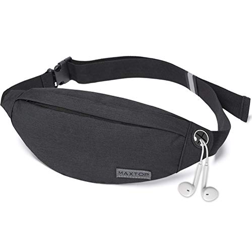 Fanny Pack - Riñonera Unisex con Conector para Auriculares y 3 Bolsillos con Cremallera, cinturón Ajustable, Bolsa para Entrenamiento al Aire Libre, Viajes, Casual, Correr, Senderismo (Negro)