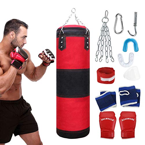 Fansport 11 pcs Saco De Boxeo,Punching Bag Sin Relleno Con Guantes De Entrenamiento Tailandeses Con Soporte Pared Cadena (120cm)