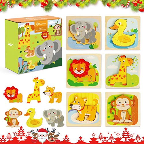 Fansteck 6pcs Puzzle Madera, Juguetes Montessoris, Puzzle Bebé, Rompecabezas de Madera Bebe, Juego Educativo Bebé para Niños 1 2 3 4 5 6 Años Aprendizaje Temprano Regalo de Cumpleaños Material Seguro