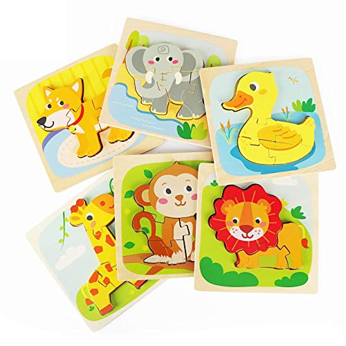 Fansteck 6pcs Puzzle Madera, Juguetes Montessoris, Puzzle Bebé, Rompecabezas de Madera Bebe, Juego Educativo Bebé para Niños 1 2 3 4 5 6 Años Aprendizaje Temprano Regalo de Cumpleaños Material Seguro