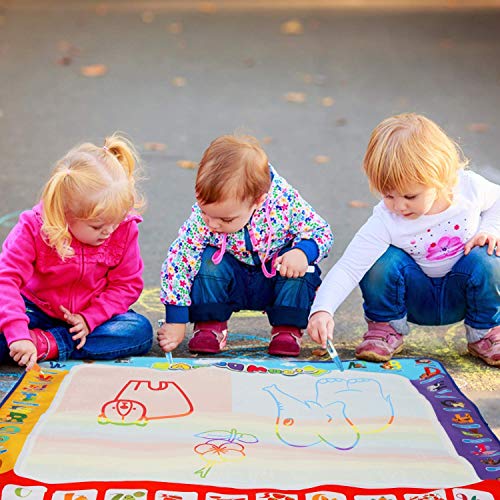 Fansteck Agua Dibujo Pintura,100x100 cm Alfombra de Agua Dibujo, Pizarra Mágica, Esteras de Agua Pintura. 3 Bolígrafos, 4 Plantillas, 4 Sellos, 1 Rueda. Juegos Juguetes Educativo para Niños 2+ años