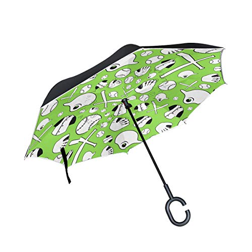 FANTAZIO Paraguas invertido patrón de vibra de béisbol de Doble Capa con protección UV y asa en Forma de C en el Reverso, Plegable, Resistente al Viento y Repelente al Agua