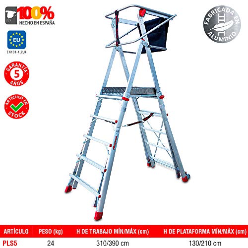 Faraone - Escalera con Plataforma PLS5-250x83x26 cm - Escalera 5 Peldaños - Escalera Plegable de Aluminio - Uso Profesional - Fácil de Transportar - Con ruedas - Altura Regulable