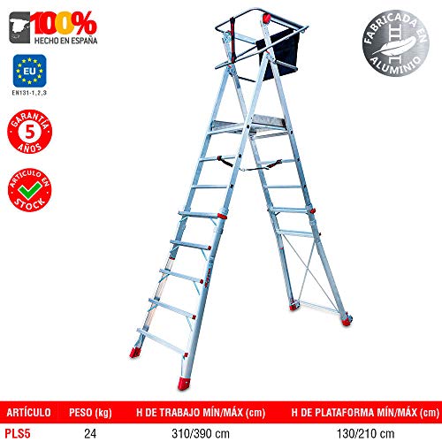 Faraone - Escalera con Plataforma PLS5-250x83x26 cm - Escalera 5 Peldaños - Escalera Plegable de Aluminio - Uso Profesional - Fácil de Transportar - Con ruedas - Altura Regulable