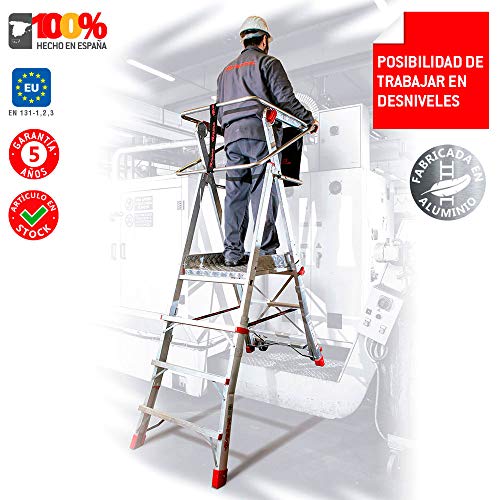 Faraone - Escalera con Plataforma PLS5-250x83x26 cm - Escalera 5 Peldaños - Escalera Plegable de Aluminio - Uso Profesional - Fácil de Transportar - Con ruedas - Altura Regulable