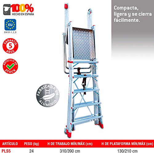 Faraone - Escalera con Plataforma PLS5-250x83x26 cm - Escalera 5 Peldaños - Escalera Plegable de Aluminio - Uso Profesional - Fácil de Transportar - Con ruedas - Altura Regulable