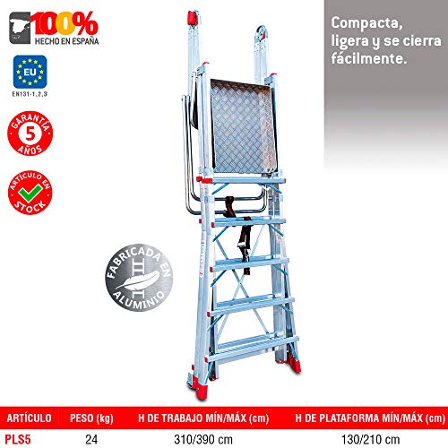 Faraone - Escalera con Plataforma PLS5-250x83x26 cm - Escalera 5 Peldaños - Escalera Plegable de Aluminio - Uso Profesional - Fácil de Transportar - Con ruedas - Altura Regulable Faraone - Escalera con Plataforma PLS5-250x83x26 cm - Escalera 5 Peldaños - Escalera Plegable de Aluminio - Uso Profesional - Fácil de Transportar - Con ruedas - Altura Regulable
