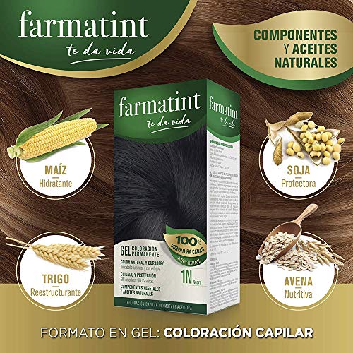 Farmatint Gel 1N Negro | Color Natural y Duradero | Componentes Vegetales y Aceites Naturales | sin Amoníaco | sin Parabenos | Dermatológicamente Testado