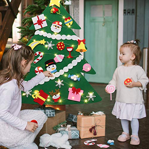 Fascigirl Árbol de Navidad de Fieltro, 39 Inch DIY Navidad Decoración los Ornamentos Desmontables 28pcs y Cadena de Luces Regalos Colgantes de Navidad de la Pared para Niños