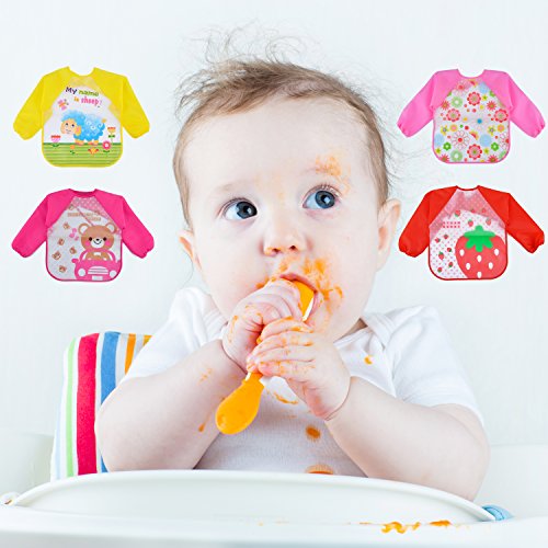 Fascigirl Baberos Bebe, Baberos Bebe Impermeables Baberos Bebe Niña Baberos con Mangas Larga Bibs Baberos para Comida Alimentos Arte Artesanía Pintura Jugar Baberos Limpiables (4 Piezas Baberos A)