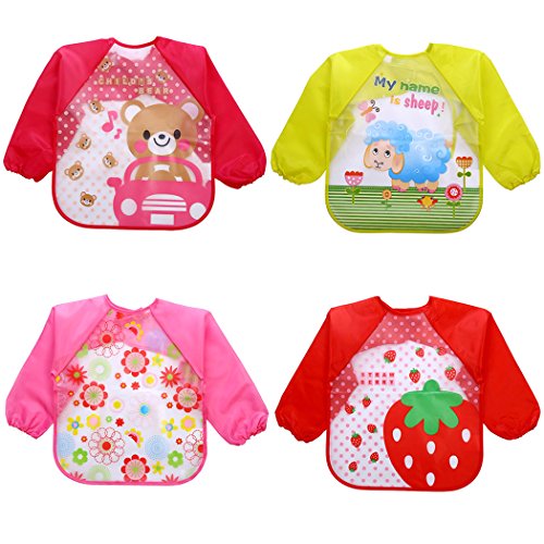 Fascigirl Baberos Bebe, Baberos Bebe Impermeables Baberos Bebe Niña Baberos con Mangas Larga Bibs Baberos para Comida Alimentos Arte Artesanía Pintura Jugar Baberos Limpiables (4 Piezas Baberos A)