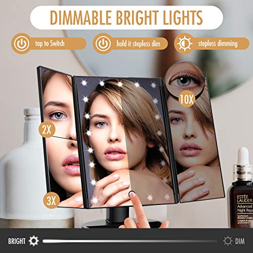 FASCINATE Espejo Maquillaje con Luz, Espejo de Mesa Tríptica Espejo con Aumentos 10x, 3X, 2X, 1x Iluminacíon 21 Led Pantalla táctil Lámparas Rotación de 180° Espejo Cosmético Carga con USB o Batería